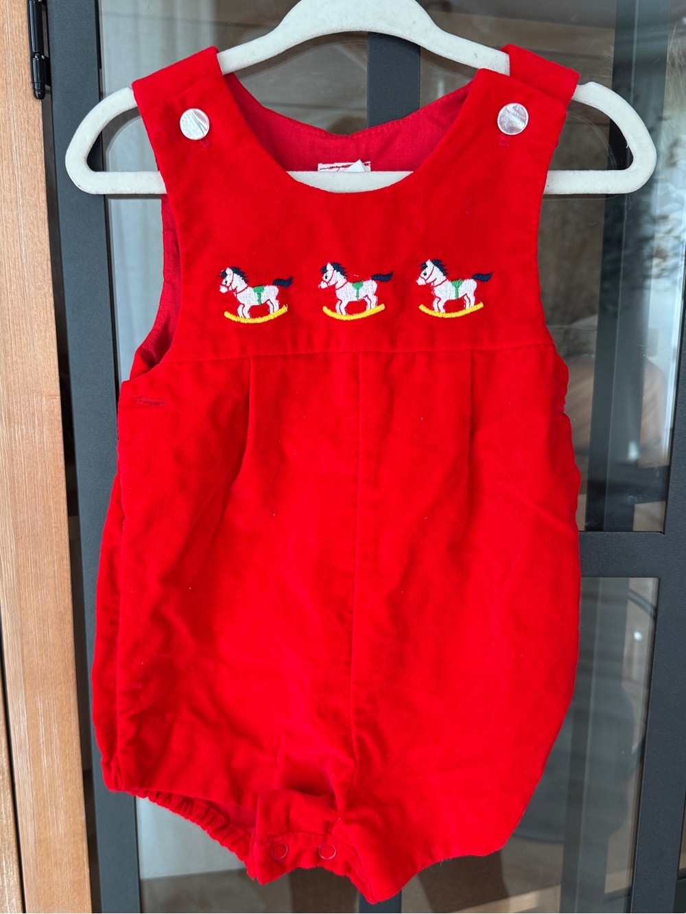 Vintage 70s Velvet rocking horses embroidered jon jon romper shortall baby boy